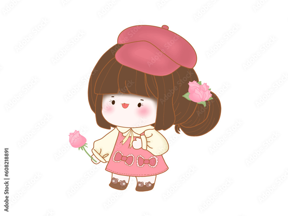 Little girl with her pink rose,Hand drawn,cartoon character,vector,illuatration Little girl with her pink rose,Hand drawn,cartoon character,vector,illuatration