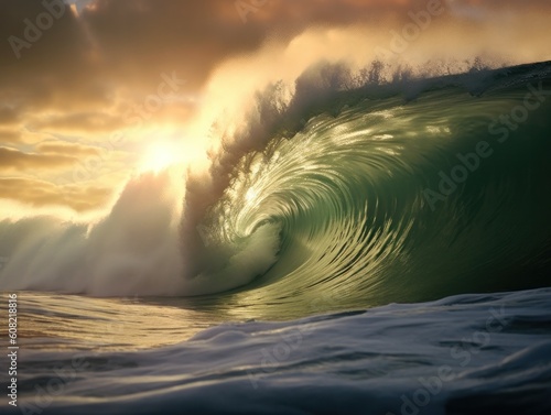 very nice surf wave during sunset or sunrise, generative ai © Felix