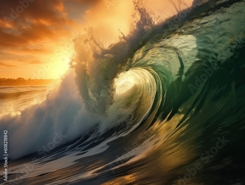 very nice surf wave during sunset or sunrise, generative ai © Felix