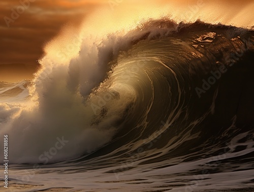 Huge big surf wave during sunset or sunrise, generative ai