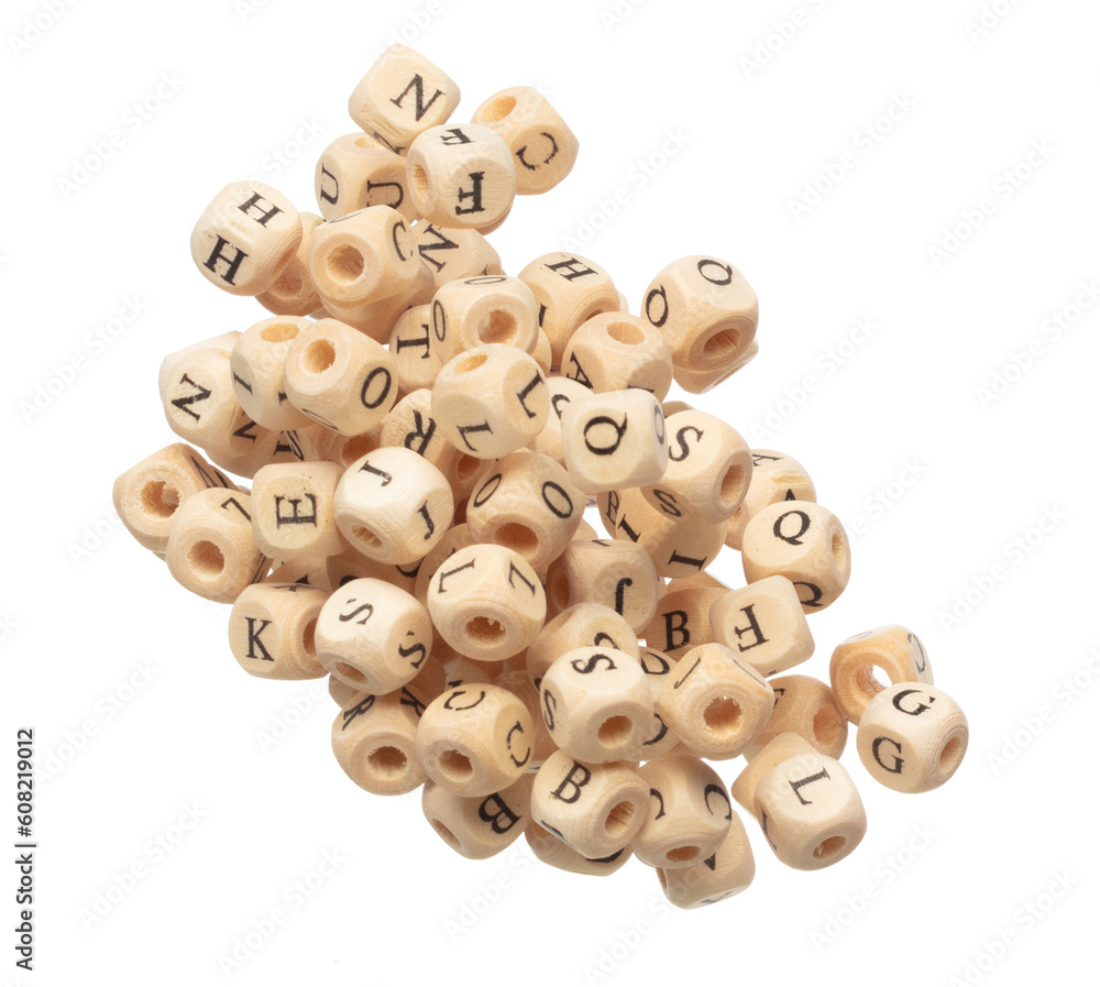 Obraz premium Alphabet letter word wooden bead explode fly in air. Many group of wooden bead screen type font of english letter word in alphabet. White background isolated