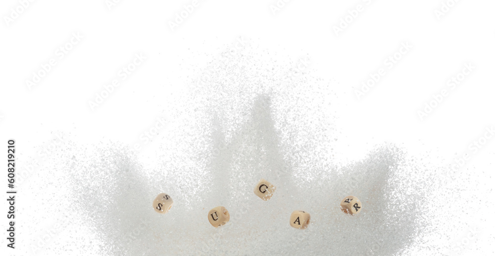 Fototapeta premium Sugar alphabet letter word bead on explosion of refined sugar. Diabetes concept to reduce sweet food drink. Sugar letter word on sweetener type fly in air. White background isolated