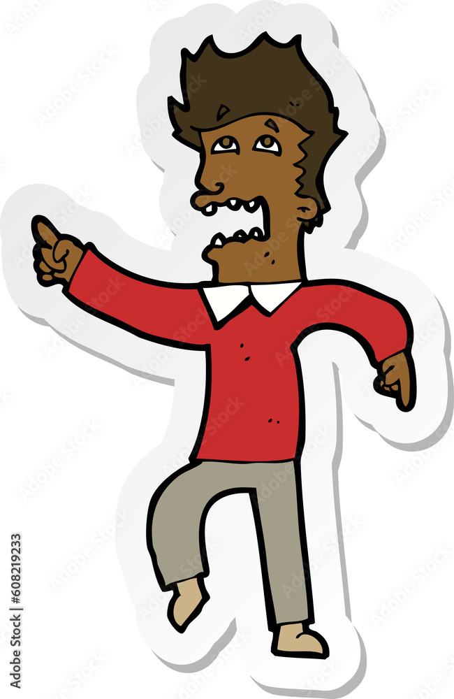 sticker of a cartoon frightened man pointing sticker of a cartoon frightened man pointing