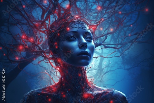 Woman made of roots of blue and red threads. Beautiful illustration picture. Generative AI