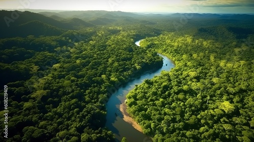 Aerial view of the Amazon river and green trees. Beautiful illustration picture. Generative AI