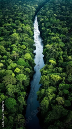Aerial view of the Amazon river and green trees. Beautiful illustration picture. Generative AI