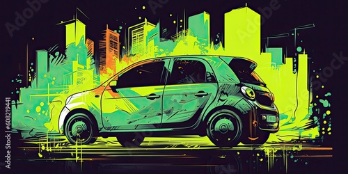 Trend illustration car in the city  interesting angle  vector style. AI