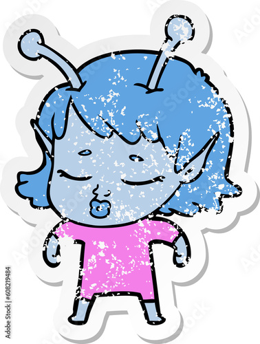 distressed sticker of a cute alien girl cartoon