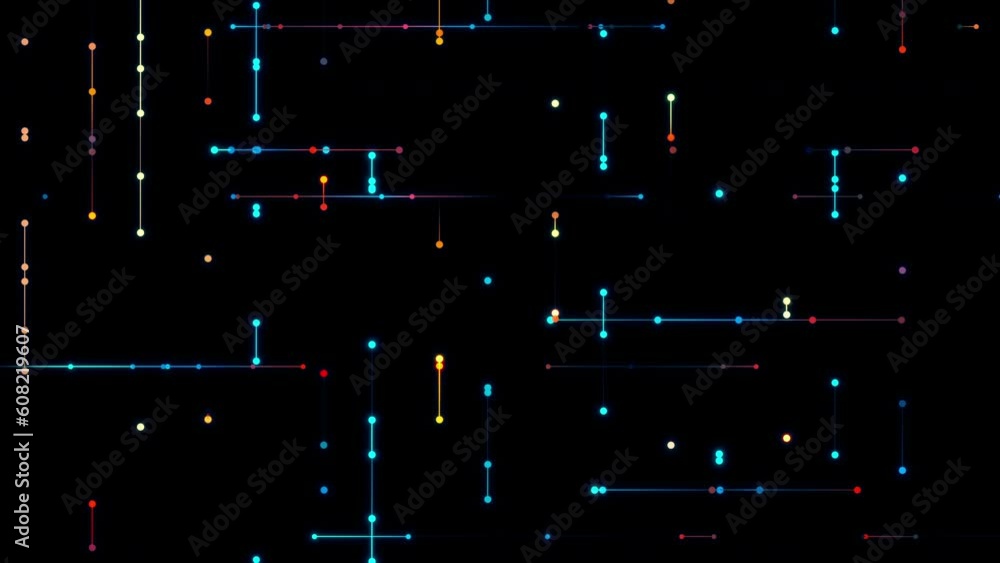 Seamless slow motion geometric animation, slowly stretching colourful lines between dots with liquid effects, 4k loop animated background