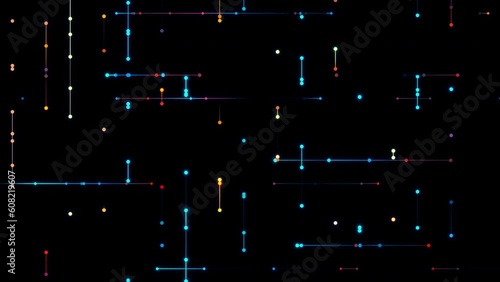 Seamless slow motion geometric animation, slowly stretching colourful lines between dots with liquid effects, 4k loop animated background