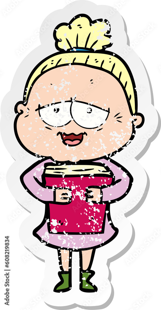 distressed sticker of a cartoon happy old lady distressed sticker of a cartoon happy old lady