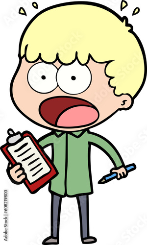 cartoon shocked man with clipboard and pen