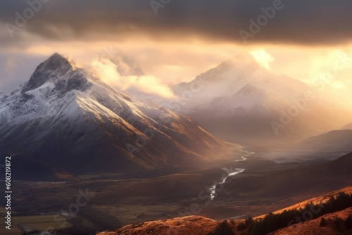 View of the majestic mountains with clouds. Beautiful illustration picture. Generative AI