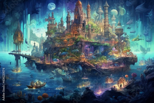 Intricately detailed image of fantasy world with buildings. Beautiful illustration picture. Generative AI © standret