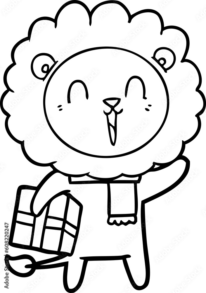 laughing lion cartoon with christmas present laughing lion cartoon with christmas present