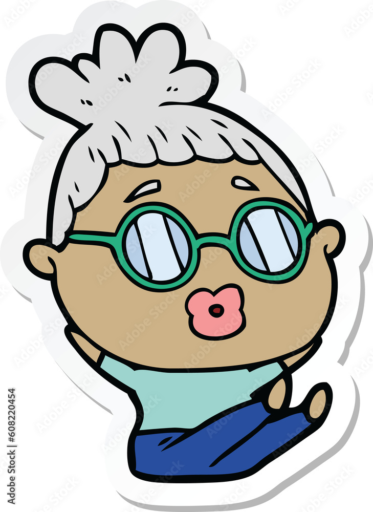 sticker of a cartoon sitting woman wearing spectacles