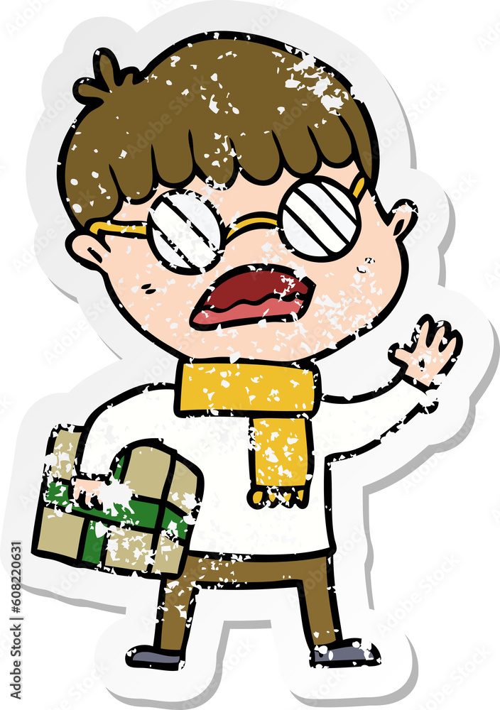 distressed sticker of a cartoon boy holding gift and wearing spectacles