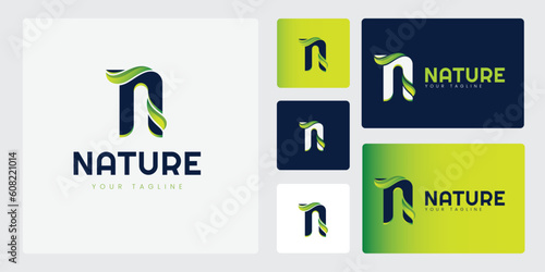 Abstract Modern 3D N Letter Logo With Green Leaf Ornament. Unique Concept With N Letter Identity.