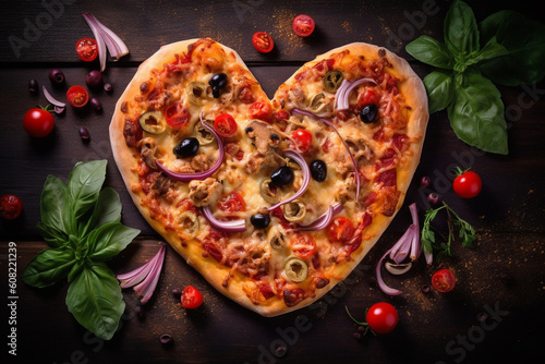 Heart shape pizza. Pizza lover concept, copy space. Generative AI
