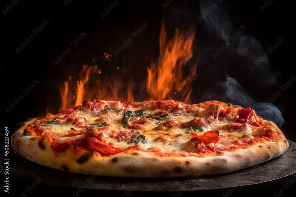 Pizza in wood fired oven. Flames and smoke. Generative AI