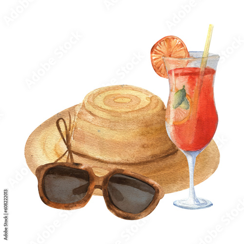 Cocktail on the background of a beach hat and sunglasses. Watercolour