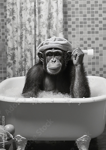 Photographie Monkey in Bath, black and white chimpanzees bathing in the bathtub, funny animal