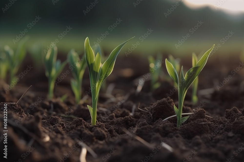 Young green seedling grow from soil. close up view. Generative AI Young green seedling grow from soil. close up view. Generative AI
