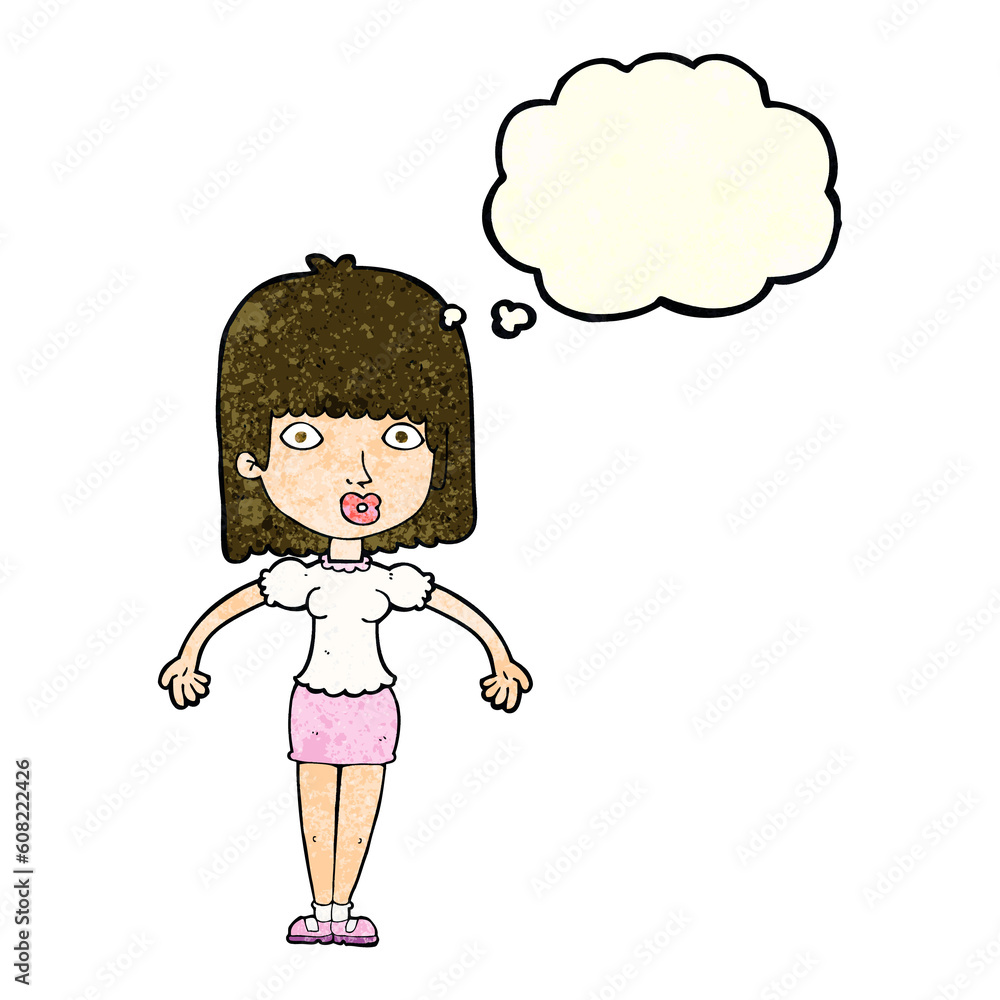 cartoon woman shrugging shoulders with thought bubble cartoon woman shrugging shoulders with thought bubble