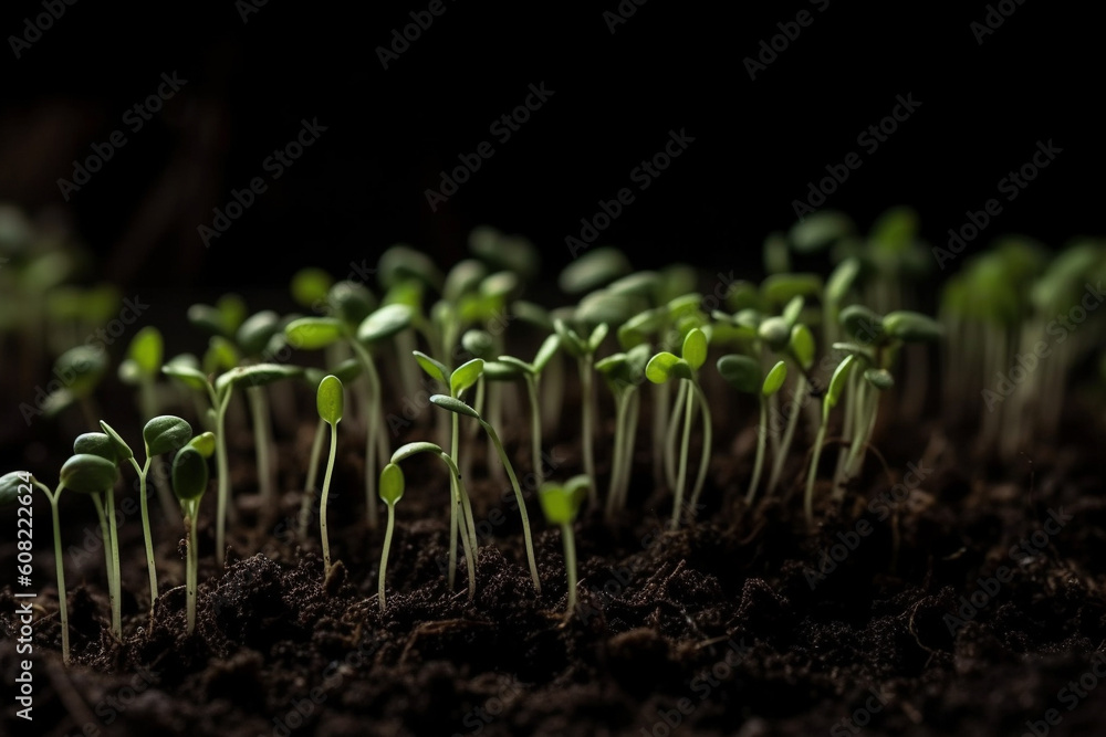 Young plant grow from soil, close up view. New life concept. Generative AI Young plant grow from soil, close up view. New life concept. Generative AI