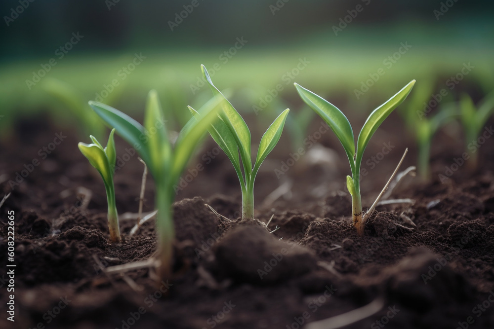 Young plant grow from soil, close up view. New life concept. Generative AI Young plant grow from soil, close up view. New life concept. Generative AI