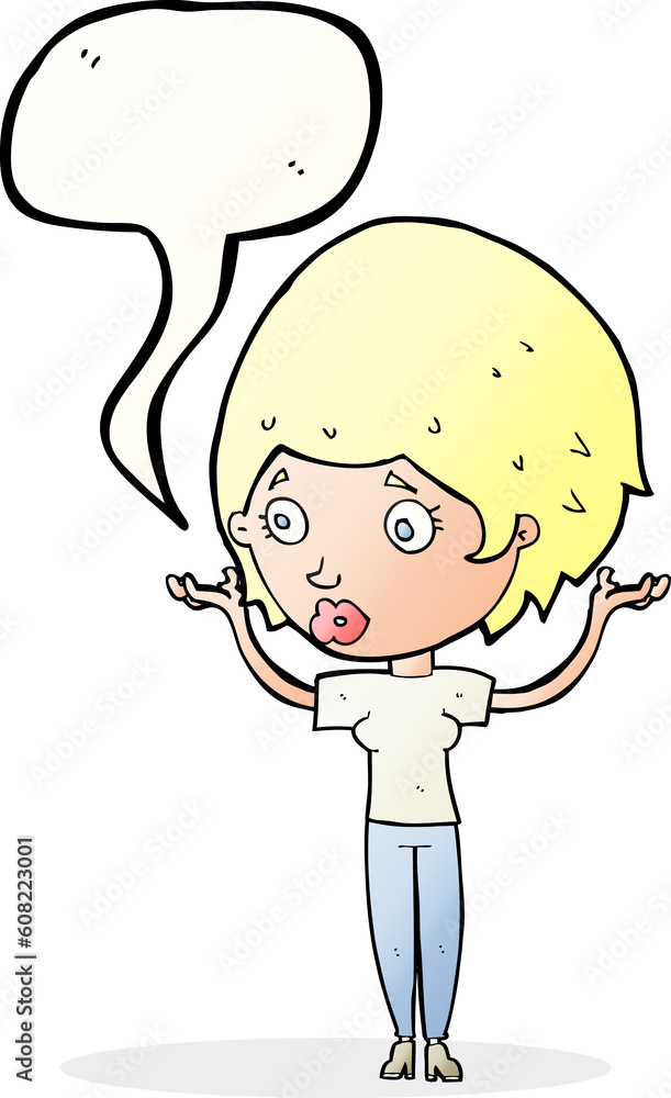 Obraz premium cartoon woman raising hands in air with speech bubble