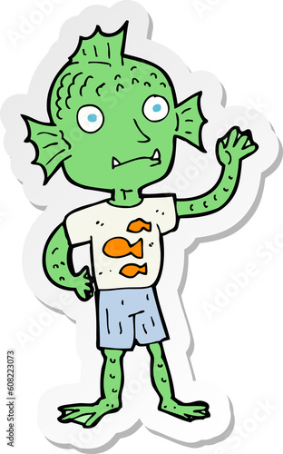 sticker of a cartoon waving fish boy