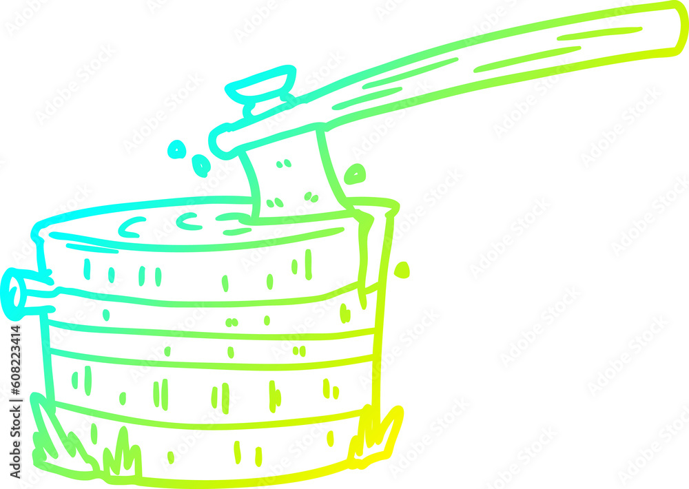 cold gradient line drawing of a cartoon tree stump with axe