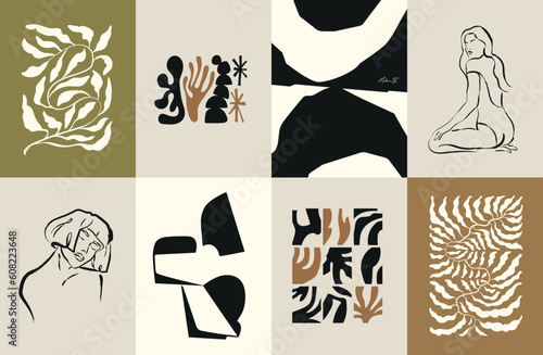 Abstract boho style art prints vector illustration collection. Woman portraits and botanical sketches. Art for postcards, branding, logo design, background.