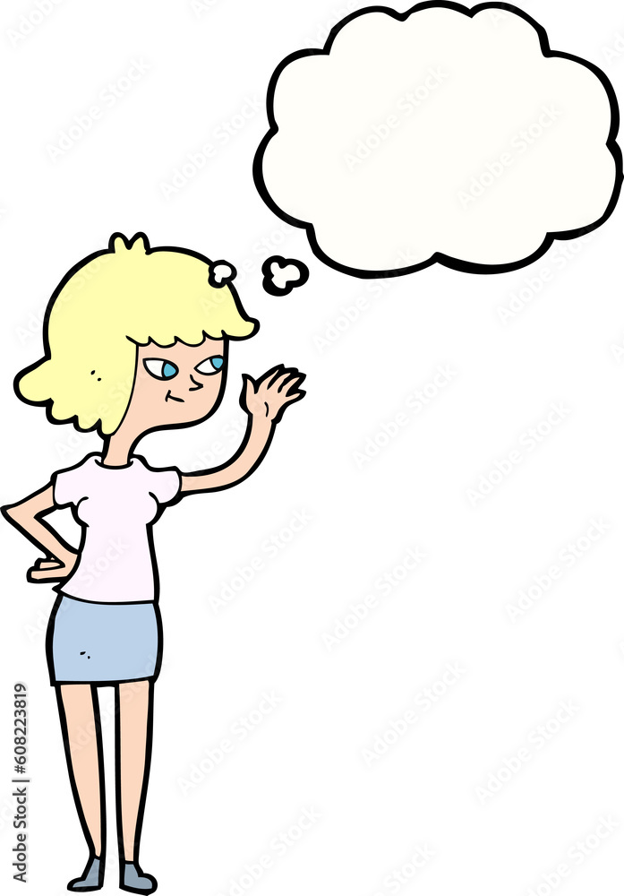cartoon friendly girl waving with thought bubble cartoon friendly girl waving with thought bubble