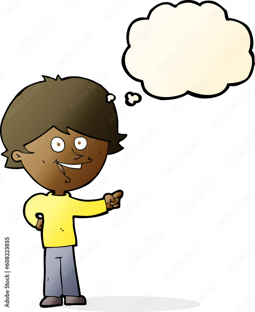 cartoon boy laughing and pointing with thought bubble cartoon boy laughing and pointing with thought bubble