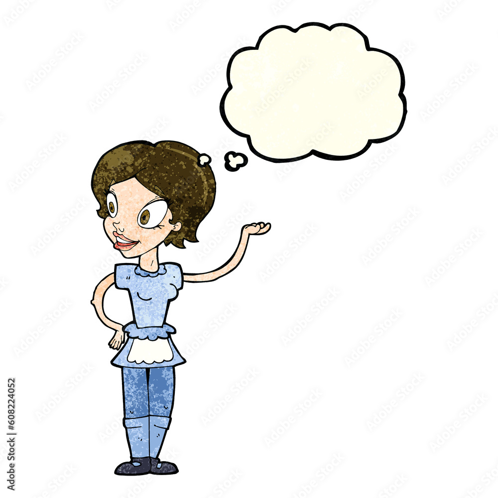 cartoon woman in maid costume with thought bubble cartoon woman in maid costume with thought bubble