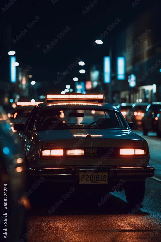 Fototapeta premium Police car on big city street at night. Generative AI