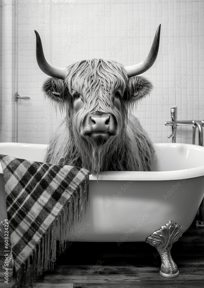 Highland cattle cow in Bath, black and white cattle bathing in the bathtub, funny animal, bathroom Interior safari poster, generative ai - obrazy, fototapety, plakaty 