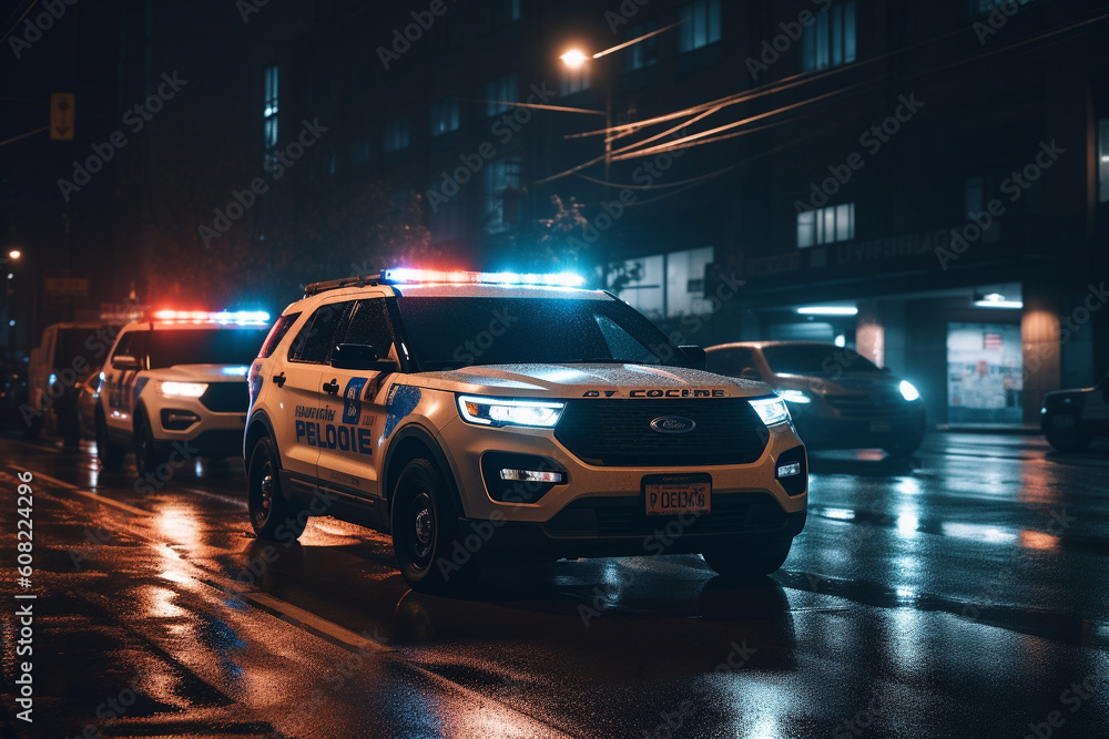 Police car on big city street at night. Generative AI