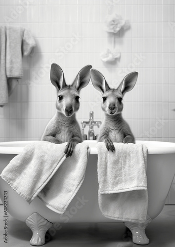Fototapeta Naklejka Na Ścianę i Meble -  Kangaroos in Bath, black and white kangaroo bathing in the bathtub, funny animal, bathroom Interior safari poster, generative ai