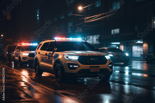 Police car on big city street at night. Generative AI © marcin jucha