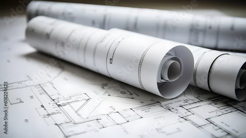 Obraz Architect rolls and architectural plan, technical project generative ai