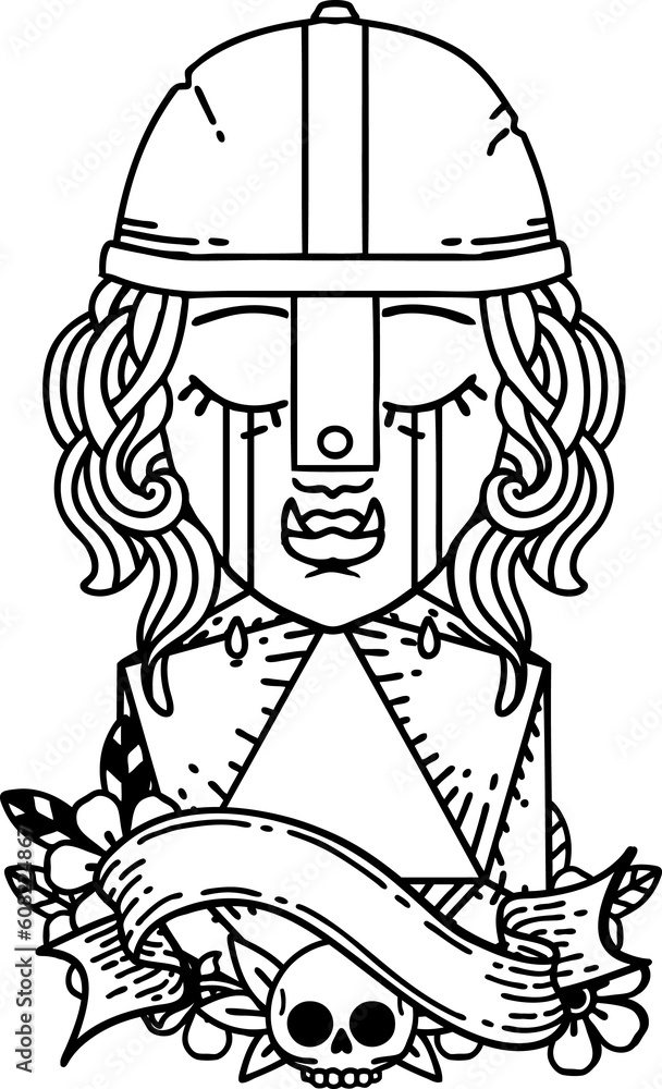 Black and White Tattoo linework Style crying orc fighter character face with natural one D20 roll Black and White Tattoo linework Style crying orc fighter character face with natural one D20 roll