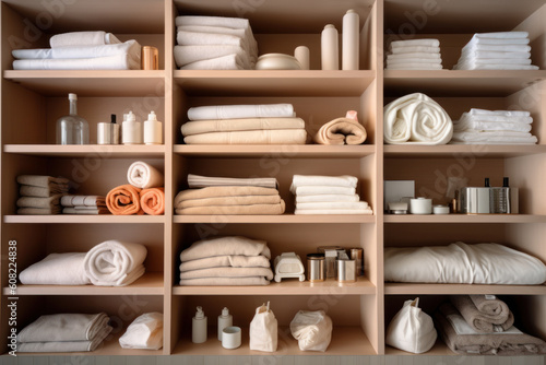 Wallpaper Mural towels and bath accessories in the closet generative ai Torontodigital.ca