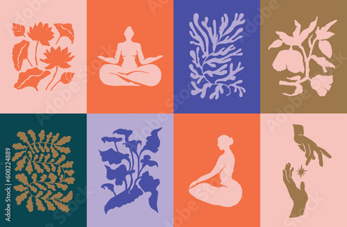 Abstract flower sticker set. Trendy botanical wall arts with floral plants, leaves, woman, yoga poses in Matisse style. Modern naive groovy funky interior decorations, paintings.
