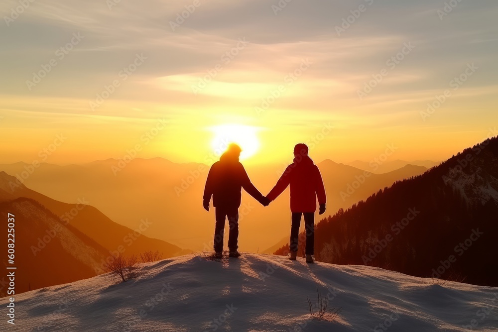 Silhouette friends imaging touch cold on the mountain peaks. Generative AI