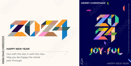 Happy New Year 2024 set. Creative concept of 2024 New Year square template for calendar, cover, card and media post. Minimalistic trendy vector 2024 typography logo. Celebration and season decoration.