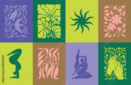 Abstract flower sticker set. Trendy botanical wall arts with floral plants, leaves, woman, yoga poses in Matisse style. Modern naive groovy funky interior decorations, paintings.