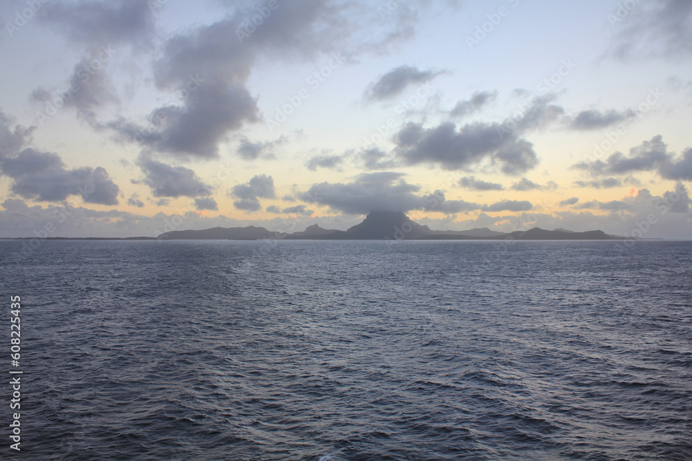 Bora Bora island at dawn before sunrise. French Polynesia.